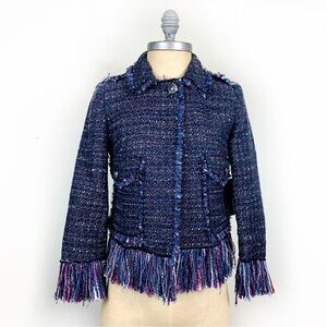 For The Republic Petite Blue Tweed Fringe 3/4 Sleeve Cropped Jacket